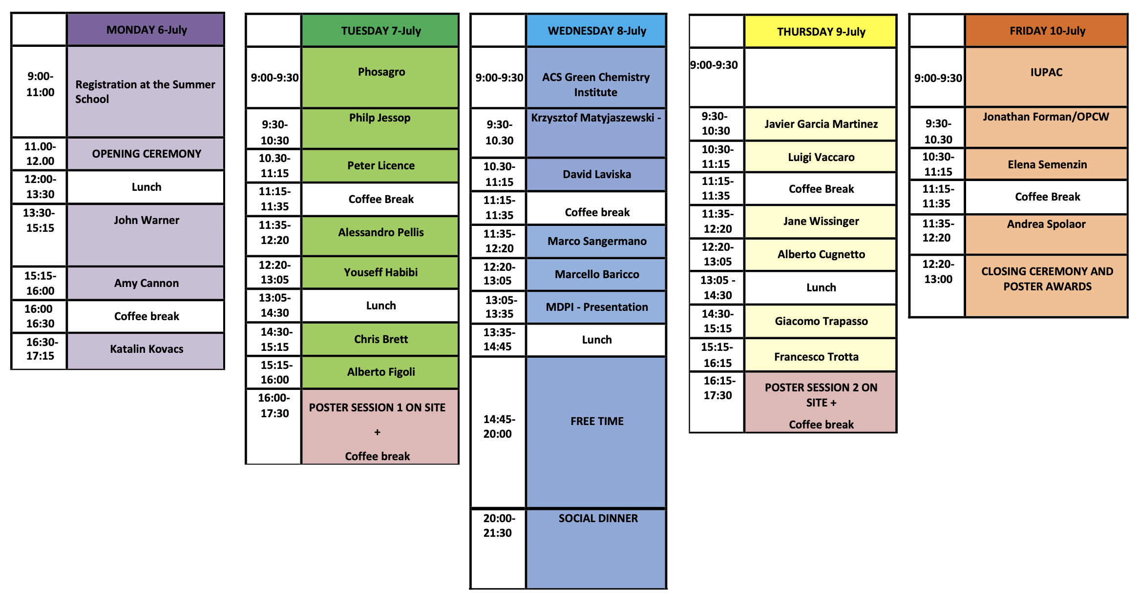 Green Chemistry Summer School 2026 Timetable
